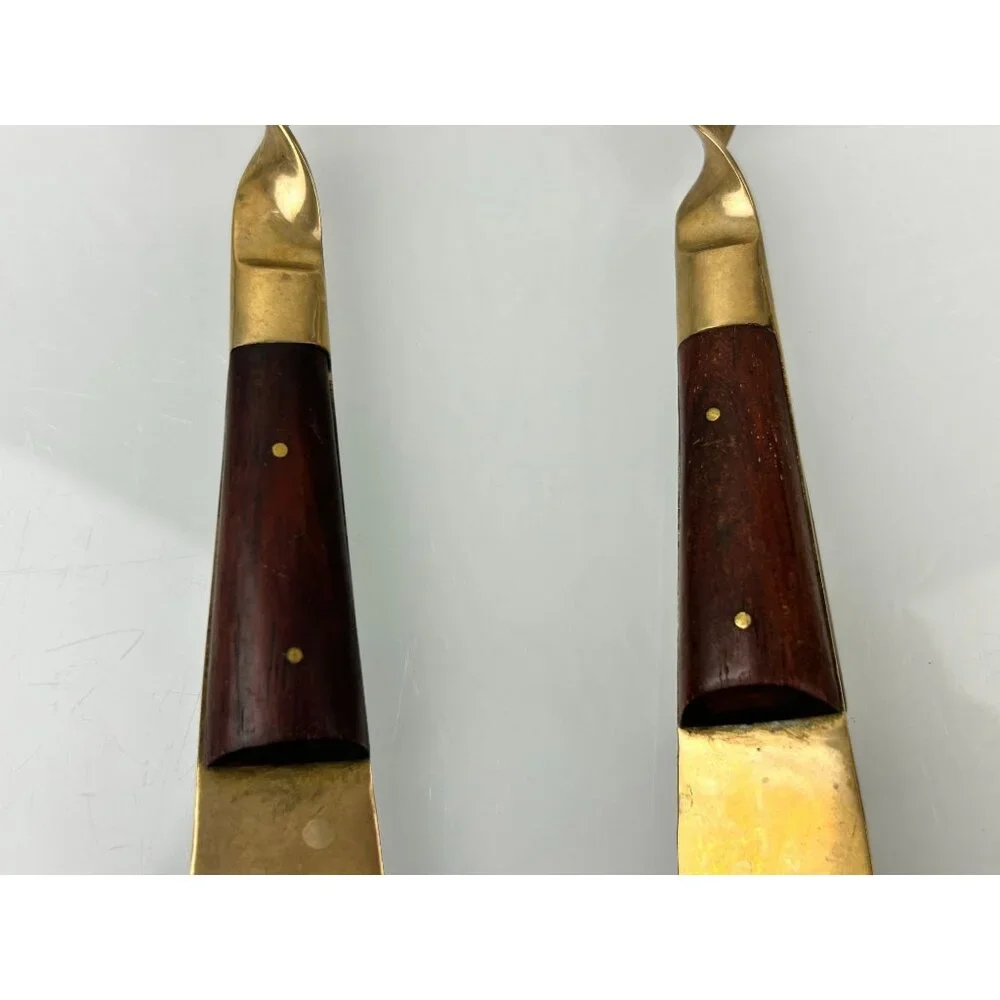 MCM Siam Gold Tone Serving Fork & Spoon Wood Handle Twist Buddha Unique Vintage
